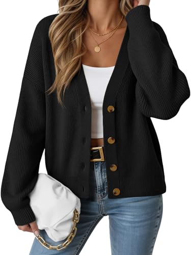 LILLUSORY Cardigan Sweaters for Women 2025 Early Fall Fashion Oversized Lightweight Sweater V Neck Knit Work Casual Outfits Clothes Button Tops Shirts Blouses Black M