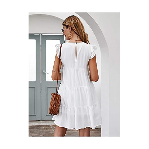 KIRUNDO Sun Dresses for Women 2023 Casual White Graduation Dress Sleeveless Ruffle Sleeve Beach Vacation Dress Round Neck Loose Flowy Pleated Mini Babydoll Dress, White, Small
