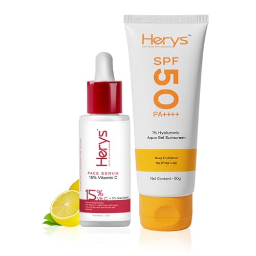 Image of Herys 15% Vitamin C Serum for Glowing Skin 30 ml & 1% Hyaluronic Sunscreen Aqua Gel SPF 50 PA++++ 50 gm