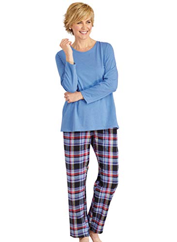AmeriMark Womens Pajama Set  100% Flannel Pants and Long Sleeve Cotton PJ Top French Blue 4X