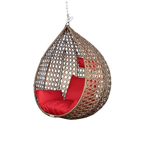 Image of Patio Outdoor Double Seater Swing Chair Without Stand for Balcony, Garden | Weather Resistant Rattan & Wicker Hammock Jhula for Adults | Outdoor Sofa Swing (Gold & Red)