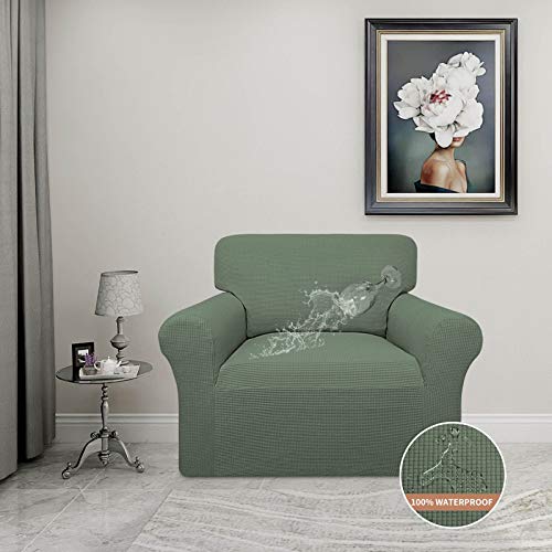 Image of Easy-Going 100% Waterproof Chair Couch Cover, Stretch Jacquard Sofa Cover | Dual Waterproof Sofa Slipcover, Leakproof Furniture Protector for Kids, Pets, Dog and Cat (Loveseat, Grayish Green)
