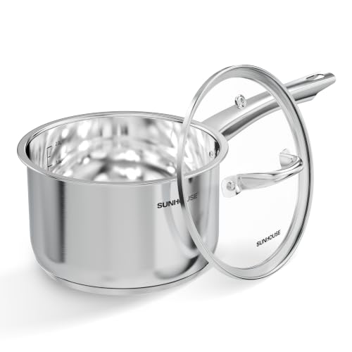 Image of Sunhouse 3 QT Stainless Steel Sauce Pan with Lid, Small Pot for Cooking, PFOA-Free, Advanced Impact Bonding Induction Base Mini Saucepan, Compatible with Induction, Ceramic, Gas