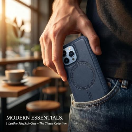 Image of amazon basics Premium PU Leather Case for iPhone 13 Pro, MagSafe Compatible Magnetic Ring, Sleek Protective Back Cover - [Blue]