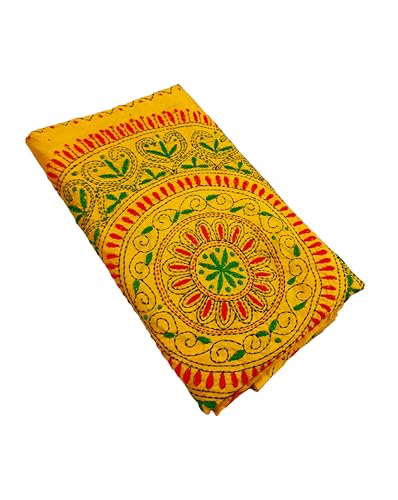 Image of SHRISTI CLOTHINGS Women's Hand Embroidered Cotton Silk Kantha Stitch Saree with Blouse Piece (SB4200924 AMBER)