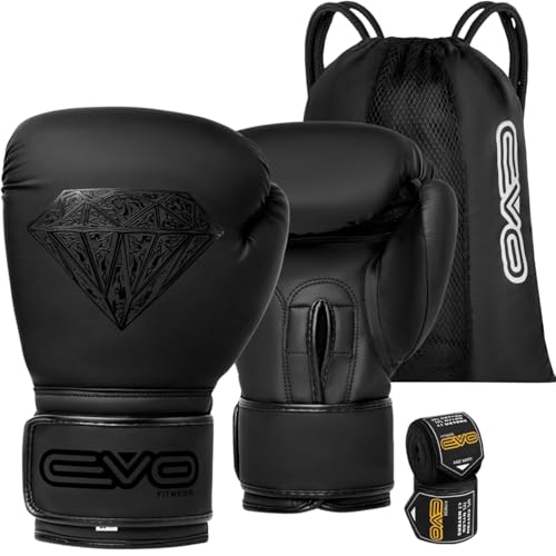 EVO Maya Hide - Guantes de Boxeo de Piel para Artes Marciales Mixtas, Sparring, Muay Thai, Kickboxing, Lucha, Guantes de Entrenamiento con Vendas de Mano de Boxeo (Negro, 16 OZ)