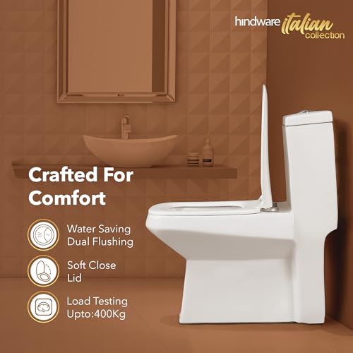 Image of Hindware Italian Collection Enigma One Piece Floor Mount Western Commode for Bathroom | Made of Ceramic | S-220 Trap | Soft Close | Star White | Geometric Shape | Floor Mount Ewc | 10-Year Warranty