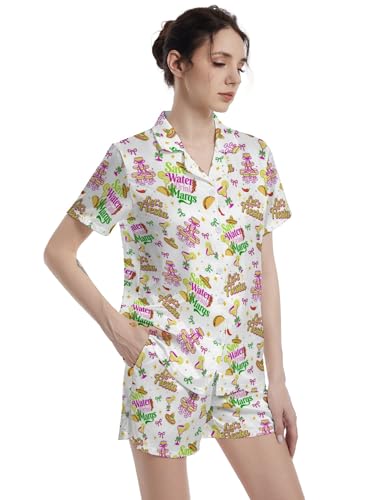 Image of Funny Satin Pajamas Set for Women Button Down Sleepwear Print Pjs Set 2 Piece Short Sleeve Loungewear Gift for Women
