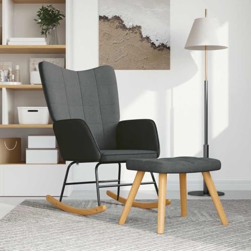aphrophina Comfortable and Elegant Rocking Chair with Stool, Soft Dark Gray Fabric, Sturdy Wooden Rails, for Living Room or Nursery