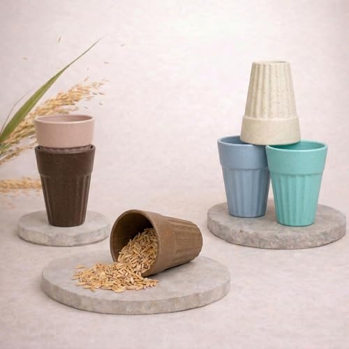 Image of Eco-Friendly Tea Cup Set of 6 | Kulhad Style Coffee & Tea Mugs | 140 ml Unbreakable, Stain-Free, Heat Resistant, Reusable, Microwave Safe | Rice Husk & Bamboo Fibre | Pastel Multi-Color