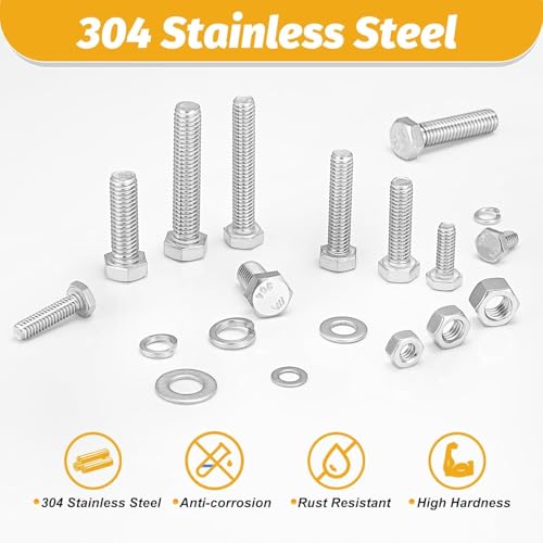 Image of Kadrick 456Pcs 18-8(304) Stainless Steel Hex Bolts Assortment,1 /4-20 5 /16-18 3 /8-16 Heavy Duty Bolts and Nuts Kit, Assorted SAE Bolts Nuts Flat&Lock Washers,Lenth Form 1 /2''-2''