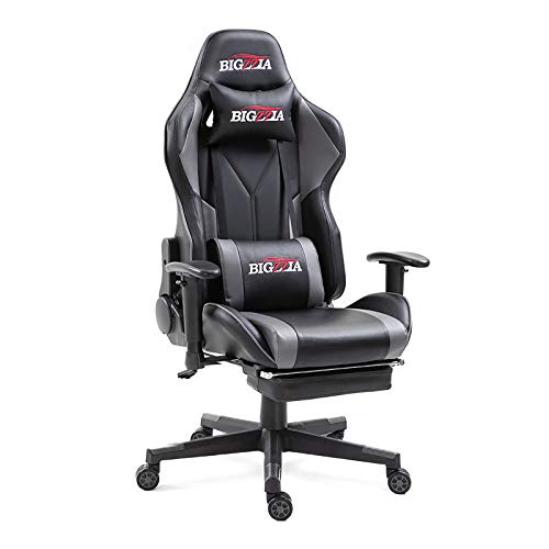 bigzzia Gaming Chair - Ergonomic Office Chairs - Reclining Computer Desk Chair - High Back Swivel PU Leather Racing Chairs with Retractible Footrest Adjustable Headrest and Lumbar Support (Grey)