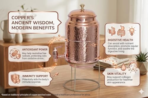 Image of 5 Litre Pure Copper Water Dispenser with Stand | Hammered Ayurvedic Matka Pot for Healthy Drinking Water (Jointless, 5000ml