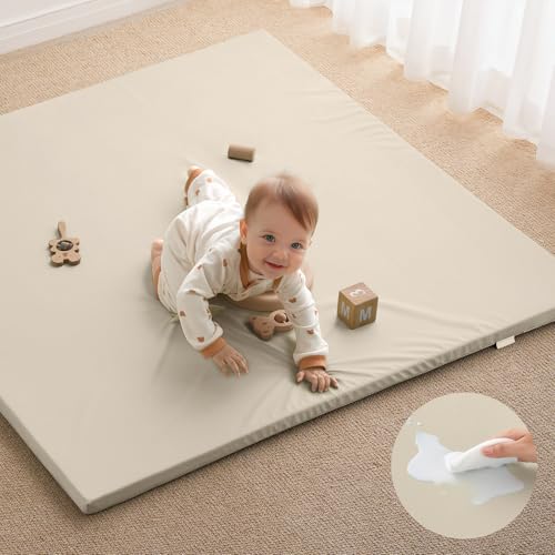 Image of Blissful Diary Vegan Leather Baby Play Mat, 47x47 Thick Foam Cushioned & Waterproof Playpen Mat for Infants and Toddlers, Stylish and Just Wipe-Clean Playmat for Baby Play on Floor, Beige
