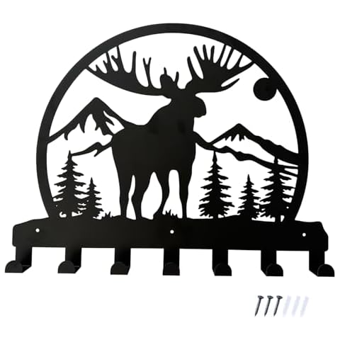 YUMBOR Durable Metal Wall Hooks with Deer & Mountain Silhouettes - 7 Hooks Home Storage Coat Key Holders Cover