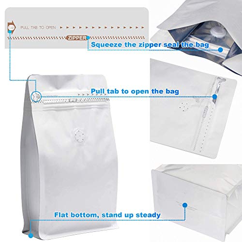Image of 16 Ounce White Kraft Paper Coffee Bags, Stand Up Coffee Pouches with One Way Degassing Valve and Reusable Side Zipper (Pull Tab to Open) Flat Bottom - Stand Up Well (50pieces / 16oz,1lb, 454gram))
