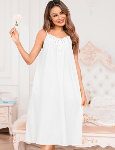 SWOMOG 100% Cotton Nightgowns for Women Lace Nightgown Sleeveless Sleep Dress Victorian Sleepshirt Button Strap Gown4