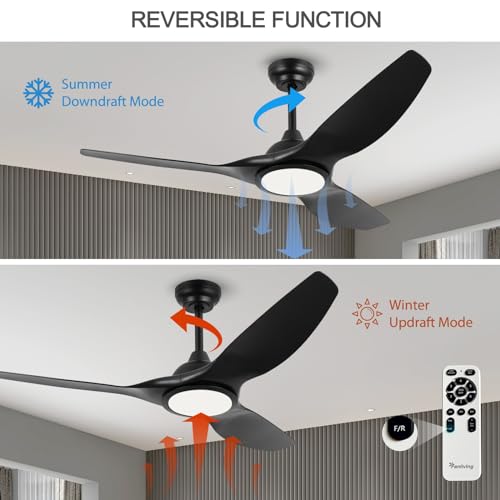 Image of 52 Inch High CFM Quiet Modern Black Ceiling Fan with Lights Remote Control