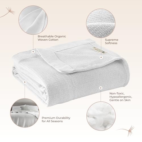 Image of 100% Organic Cotton Blanket - GOTS & Fairtrade Certified Organic Cotton Throw Blanket for Bed with a Heavy & Breathable Single Knit Weave - Great as Bedspread or Coverlet (White, Full /Queen)