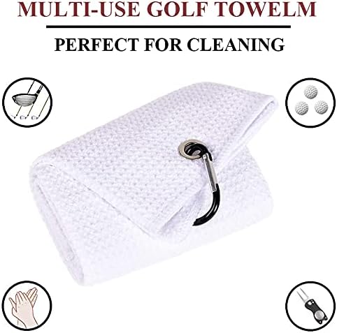 VIVIDLY 2 Pack 16" x 24" Tri-fold Golf Towels, Premium Microfiber Fabric Waffle Pattern with White Heavy Duty Carabiner Clip, Orange Golf Towels for Golf Bags for Men (White) - Image 2