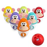 Chicco Monkey Strike Kids Bowling Set - Kegelspiel für Kinder mit 6 trennbaren Pins, stapelbar in 12 Teile, inklusive Kunststoffball - Kegelspielzeug, Geschenke für Kinder von 18 Monaten bis 8 Jahren