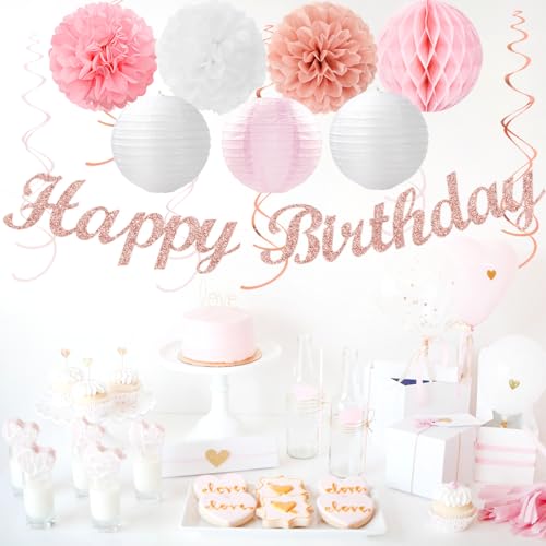 Image of Pink White Rose-Gold Birthday Party-Decorations - 21pcs Happy Banner, Paper Lanterns,Tissue Pom Poms Flower Fan,Honeycomb Ball,Swirl Streamers Garland Supplies Decor Girls Women Huglony