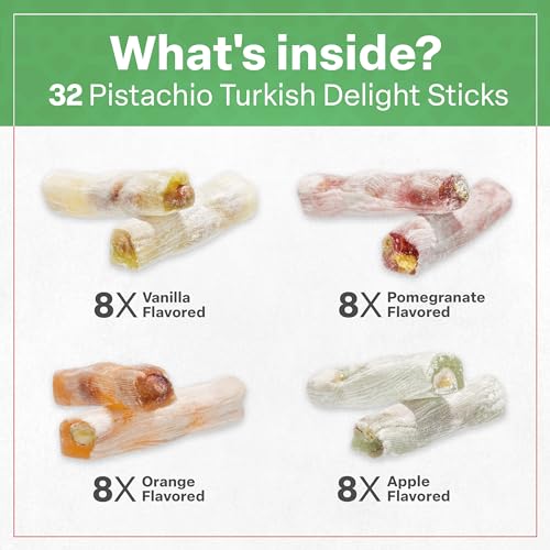 Eastanbul Turkish Delight, 8.8oz, Turkish Delights Candy Sticks Pistachio Filled w/ 4 Flavors: Apple, Orange, Pomegranate, Vanilla, International Candy, Wick Lokum, Vegan Gift