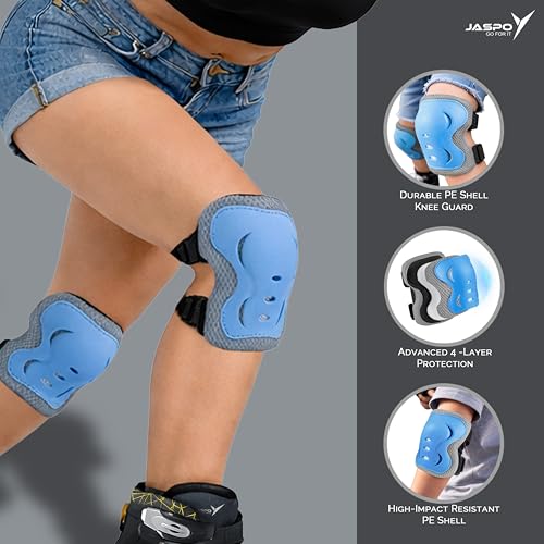 Image of Jaspo Scud X Trail Roller Skates Combo with Helmet and Knee, Elbow, Wrist Guard, Professional Outdoor Indoor Quad-Skates for Kids & Adults, Adjustable Roller Skates with 4 Shiny Wheels (Blue, Large)