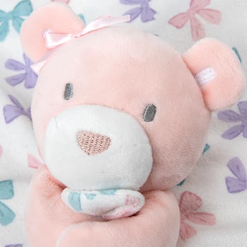 Image of Baby Essentials Minky Animal Snuggler Lovey Blanket for Kids, Babies, Girls Security Blanket with Stuffed Animal (Pastel Bows Bear)