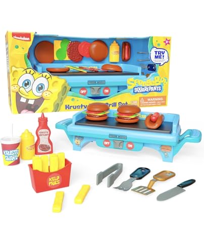 SpongeBob SquarePants Krusty Krab Toy Grill for Kids Lights & Sounds Krabby Patty Burgers, Kelp Fries, Pretend Plastic BBQ Cooking Toys for Toddlers