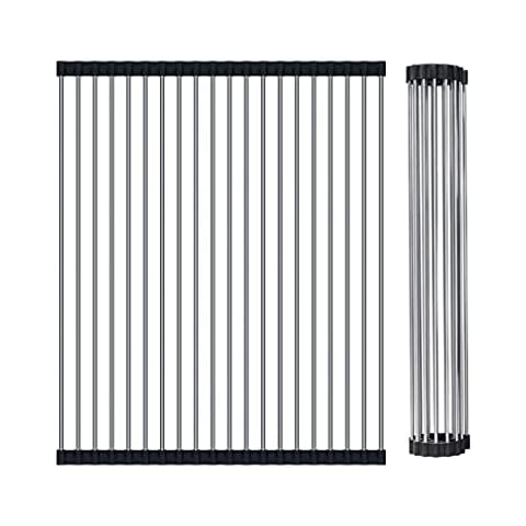 Roll-Up Dish Drying Rack - Kitchen Over Sink Drainer Rack with FDA Grade Non-Slip Silicone and 304 Stainless Steel Pipe,Heat Resistant Dish Drainers, Rolls Out Over Any Sink or Counter,47 X 38cm Cover