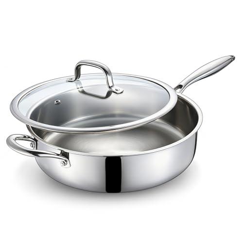 E-far Saute Pan with Lid 12 Inch 6QT Tri-Ply Stainless Steel Frying Pan