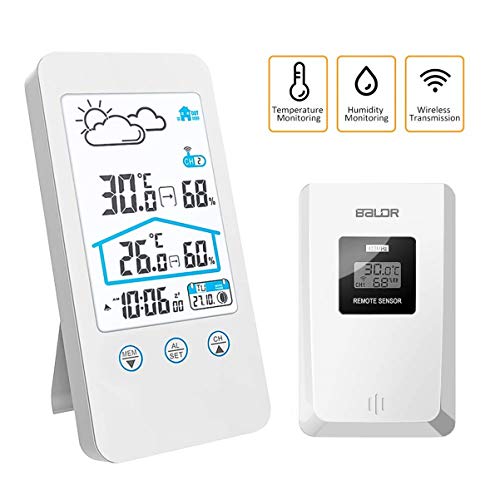 Wetterstationen mit Außensensor, Wireless Digital Thermometer Indoor Outdoor Barometer Hygrometer Funkuhr,White