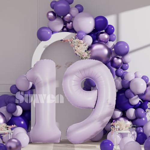 Image of SUWEN 40 Inch Light Purple Large 19 Balloon Number Big Foil Helium Lavender Number Balloons Huge Mylar 0-9 Giant Jumbo Happy 19th Birthday Party Anniversary Decorations