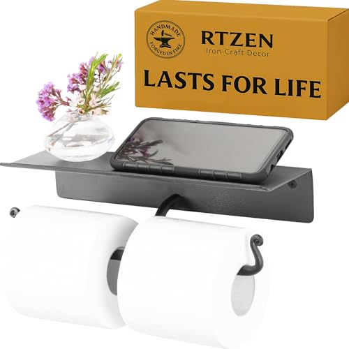 RTZEN Portarrollos de papel higiénico de baño con estante, hecho a mano, de hierro forjado rústico, barra de montaje en pared negra mate para decoración moderna de baño de granja