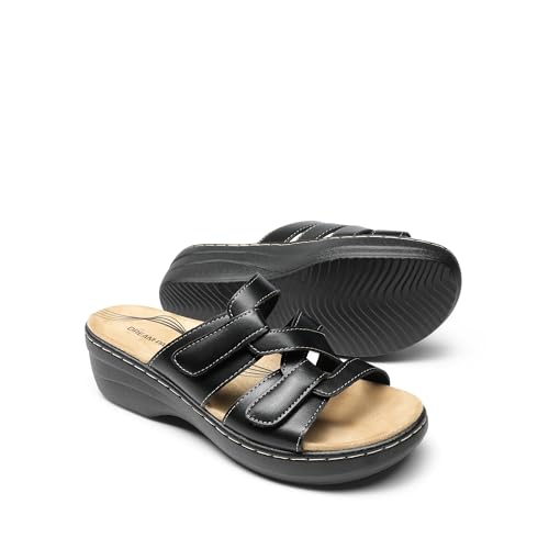 DREAM PAIRS DREAM PAIRS Women Arch Support Slide Sandals Adjustable Straps Slip On Wedge Sandals Casual Comfort Lightweight Flat Slides,Size 7,Black,DWUMSS2530