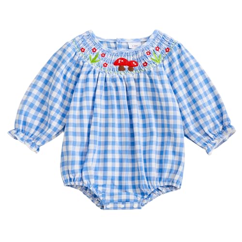 Infant Girls Smocked Mushroom Romper Long Sleeve Embroidery Flower Gingham Bodysuit Tops Newborn Baby Fall Clothes
