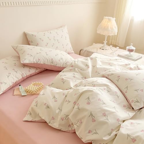 Bettwäsche 135x200 Baumwolle Rosa Weiß Tulpen Blumen und Kissenbezug 80x80 – Ansicht 2