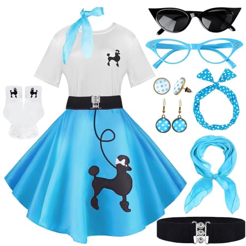 10Pcs Sock Hop Outfits Women, 1950s Poodle Skirts, Poodle T-Shirt with 50s Accessories Socks Scarf Headband Belt Earring