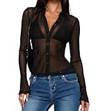 Caziffer Tee Shirt Femme Transparent Chemise Femme Boutonné Col à Revers Haut Chic et Élégant Manche Évasée Vêtement Décontracté pour Femmes (Noir, S)