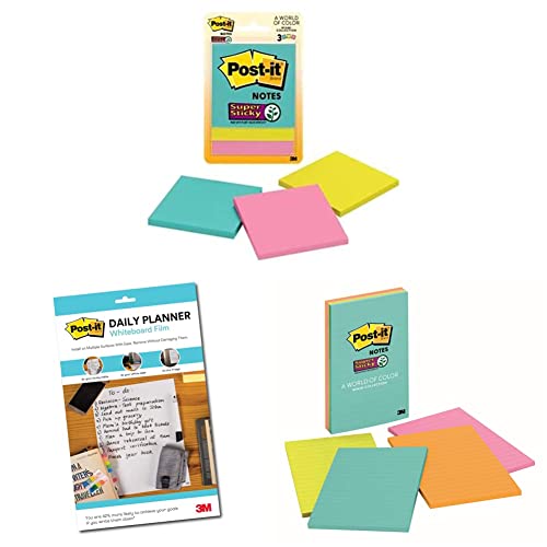 Image of 3M Post-it Super Sticky Notes 3 Pads x 45 Sheets 3 inch x 3 inch & Dry Erase Writing Surface 7 inch x 11 inch Pack of 2 & Super Sticky Lined Notes 4 Pads x 45 Sheets 4 inch x 6 inch