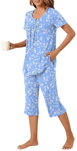 Image of Womens Summer Pajama Sets 2 Piece Short Sleeve Top and Capri Pants Plus Size Ladies Lounge Pjs Sets with Pockets