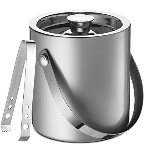 Mitbak Doubled Walled Ice Bucket with Matching Ice Tongs | Sleek Insulated Stainless Steel Ice Holder Will Keep Ice Cubes Frozen for Hours | Elegant Kitchen and Bar Accessories | 1.5L (Silver)