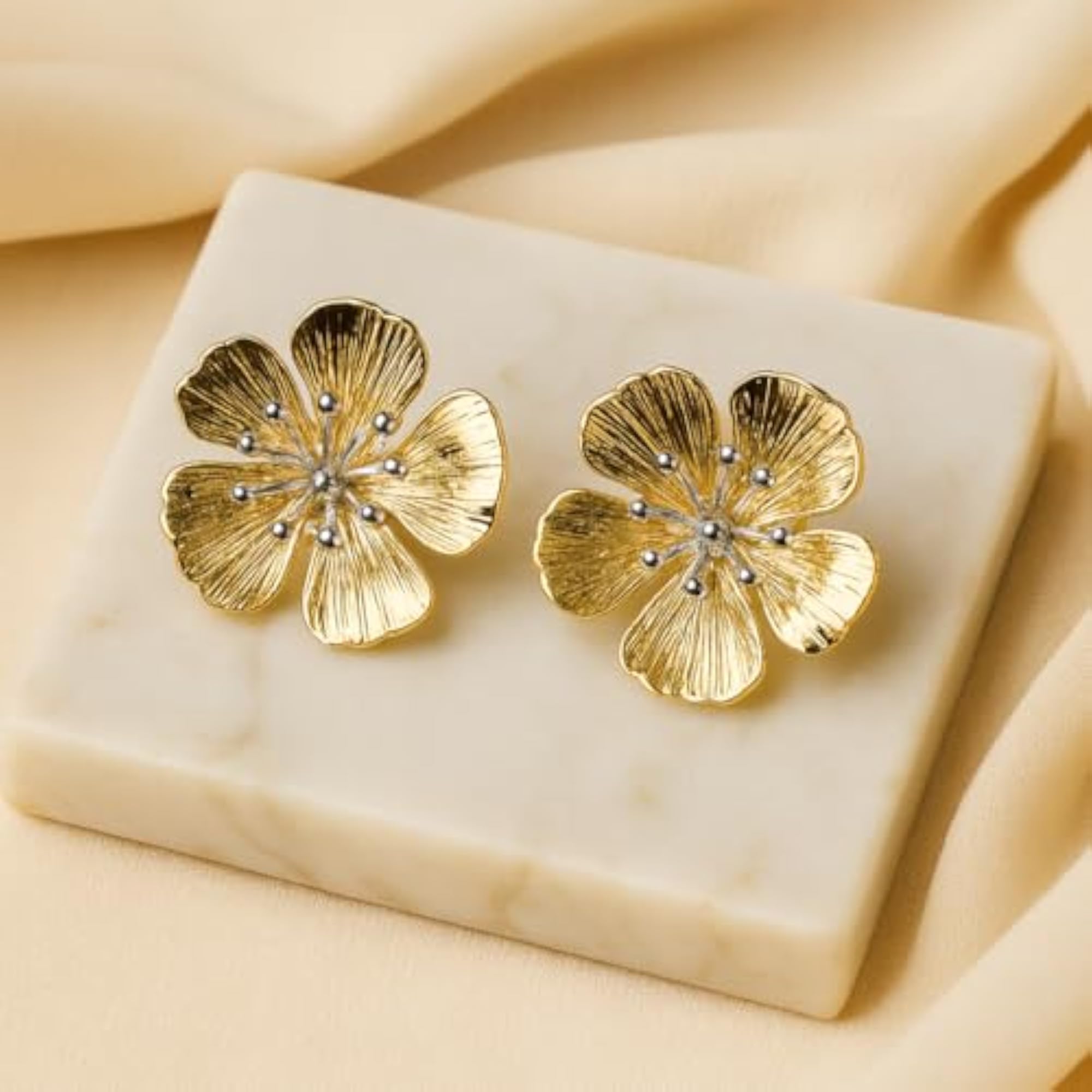 Women's Gold Blossom Stainless Steel Earrings, Lightweight Traditional Style