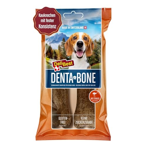 DeliBest DentaBone Strauss I Kauknochen Hund leicht verträglich ohne Gluten I Kaustange Hund für die Zahnreinigung I Hundesnacks für groß und klein I Hundekauknochen 2 x 60 g