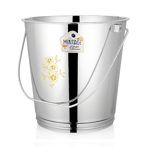 Image of Mintage Stainless Steel Bucket for Bathroom 12.5 litres Capacity | Water Storage Bucket for Kitchen | Laser Balti for Serving | Leak Proof Multipurpose Use | Balti for Home Steel Buckets with Handle