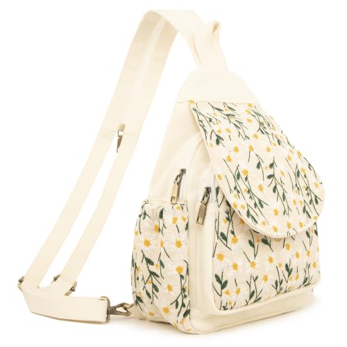Image of SILKAREA Vintage Embroidered Floral Ethnic Backpack for Women Handbag Shoulder Bag Mini Travel Purse (Embroidered Chamomile)