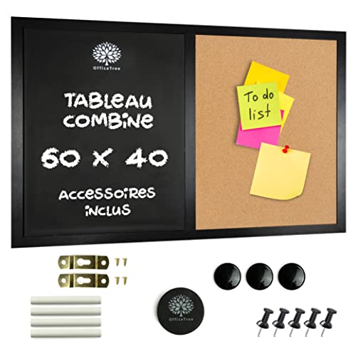 OfficeTree 60x40 cm Tableau Cuisine Combiné - Tableau à Craie et Tableau Magnétique avec Tableau d'affichage en Liège - Ardoise Murale Cuisine avec accessoires