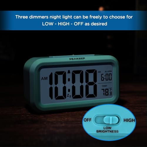 Image of Peakeep Night Light Digital Alarm Clock Battery Operated with Indoor Temperature, Desk Small Clock (Blue)