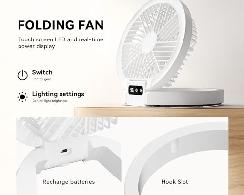 Image of DEPOZA Foldable Desk Fan Quiet Table Fan Ultra-Thin - USB Rechargeable, Battery Operated 5 Speed With Light - Portable Desktop Fan for Bedroom, Office, Camping, and Outdoor Use, Medium, White, D-F03